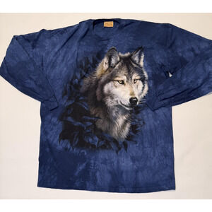 The Mountain Shirt Mens 3XL Blue Tie Dye Wolf Graphic Long Sleeve Cotton Nature